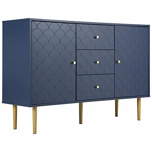 Elegante Marineblaue Kommode | 2 Türen, 3 Schubladen | FSC®-zertifiziertes Massivholz | Verstellbare Ablage | Wohnzimmer Schlafzimmer Schrank (120 x 40 x80 cm, Blau, 1)