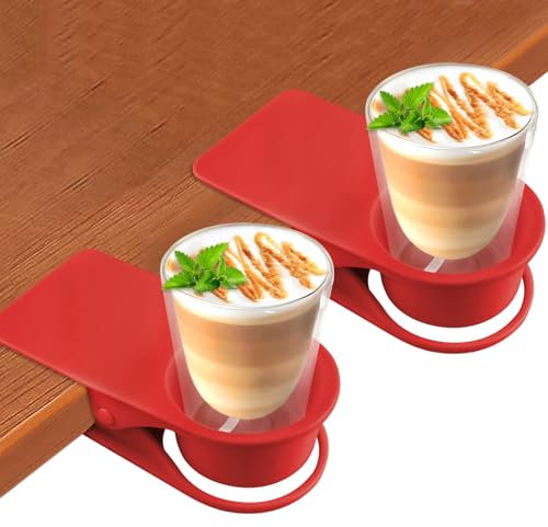 Kalolary 2-Pack Table Edge Cup Holder - Versatile Clip for Drinking Cups, Mugs & Bottles - Ideal for Home, Office & School (Red)