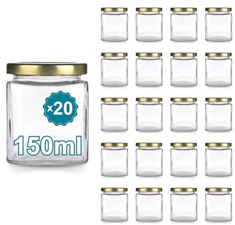 Espirito Rebelde 20 Pots en Verre Carrés pour Épices 150ml avec Couvercle Doré | Bocaux Rangement Cuisine | Épices, Confiture, Yaourt