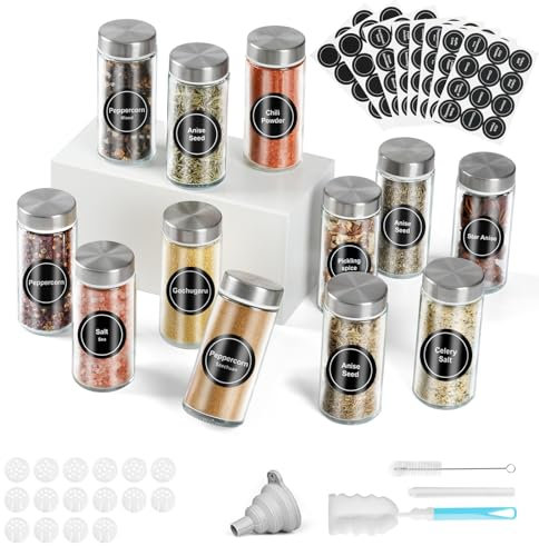 Moreau Gewürzgläser,12 Gewürzgläser Rund Aus Glas mit Edelstahldeckeln, 120 Ml, Spice Jars,Gewürzbehälter