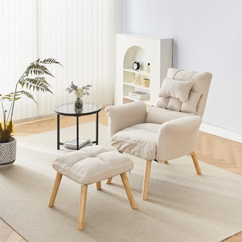 CLIPOP Relaxsessel mit Hocker Verstellbarer Lesesessel mit 6 Positionen Extra Dick Gepolsterter Lehnstühle Liegesessel Fernsehsessel Ohrensessel mit Liegefunktion (Beige)