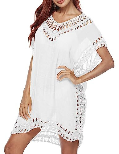 Minicoco Women's Beach Dress Bikini Cover-Up, V-Neck Summer Swimsuit Cutout Crochet Tunic Boho Beachwear for Summer (Polyester, White)