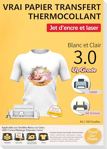 TransOurDream 100 Feuilles A4 Papier Transfert pour Textile Blanc ou Clair 3.0 + 10 papiers sulfurisés, HTV vinyle, Imprimantes Jet d'Encre & Laser, Non Impression Miroir FR2-3.0-100