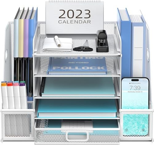 SUPTIDY 5-Tier Desk Organiser with File Holder, Mesh Paper Letter Tray Organiser with Magazine Holder, Desk Organisation and Storage with Drawer for Office Supplies Home or School, White