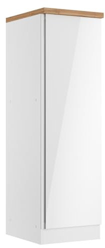 Lomadox Küchenschrank Vorratsschrank 50 cm, Hochglanz weiß, Arbeitsplatte Eiche