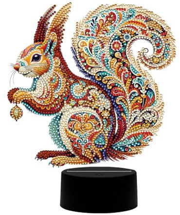 Demiawaking Diamond Painting Nachtlicht Tischdeko Tiere, Diamant Malerei Nachttischlampe Tischlampe LED Deko Set, DIY 5D Diamant Painting Lampe für Geburtstag Geschenke (Eichhörnchen)