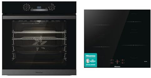 Hisense BSA63222ABUK 77L Built-in Electric Single Oven - Jet black - A Rated, 59.5 x 56.4 x 59.5 cm & HI6401BSC Built-in 60cm Induction Hob Ceramic Glass Panel, Child Lock, Touch control