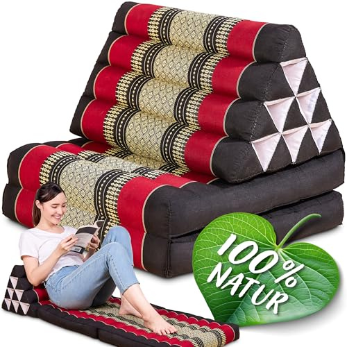 Namasdee Thaikissen 2 Auflagen 120x50x8cm mit 100% natürlicher Kapokfüllung (Schwarz/Rot)