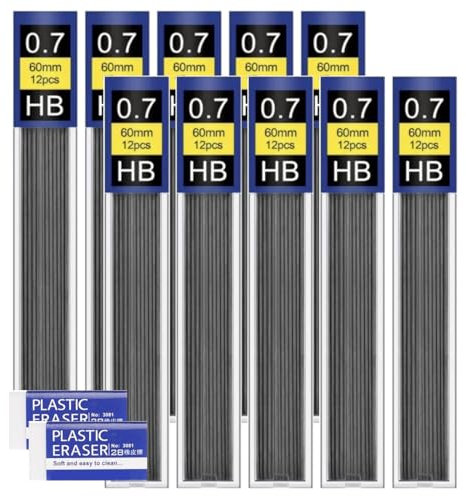 EIHI Bleistiftminen 0,7 mm 120 Minen Bruchsichere Bleistiftminen Schreiben glatt und deutlich Glatter Minenersatz and 2 Radierer, 122 Stück