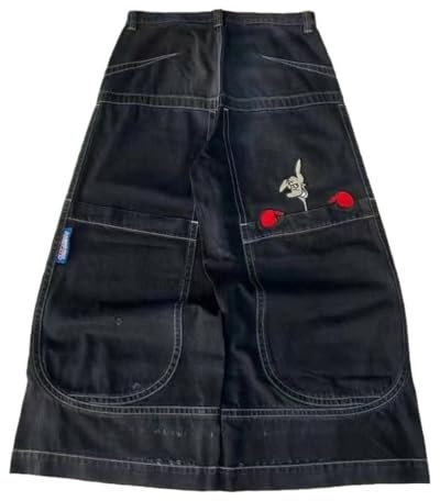 ORANDESIGNE Jeans Y2K Homme Taille Basse Printed Pants Pantalon Unisexe Pantalon Cargo Décontracté Imprimé Hippie Streetwear Z07 Noir XXL