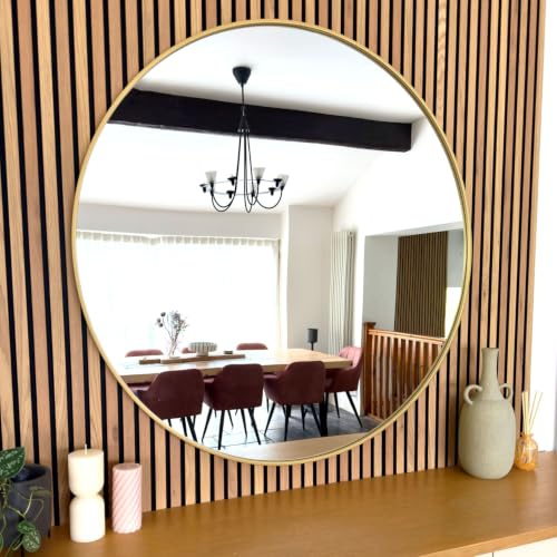 Jobu | 120cm Round Gold Metal Wall Mirror – Large Circular Statement Mirror for Living Room, Hallway & Bedroom | Rei