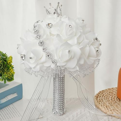 JOROBURO Hochzeitsstrauß mit Krone, 10,6 Zoll PU-Spitzensatin, Brautbrautjungfer, Künstliche Blumen, Handstrauß, Brautstrauß, Künstliche Rosen für Hochzeit, Party, Zubehör, (Silber)