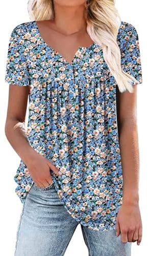 Chemisiers et Blouses Femmes, Tunique Femme Longue Grande Taille à Manches Courtes Chic et Élégante Plissées Col V Button Fleurs T-Shirts Vêtements Pas Cher