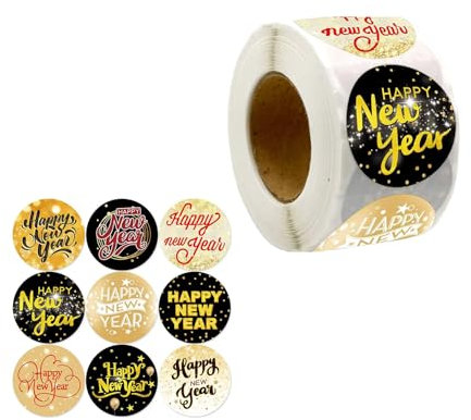 NONGYU 500 Stück Aufkleber Happy New Year, selbstklebende Verpackungsetiketten, Aufkleber für Geschenkboxen, Karten, Süßigkeitentüten