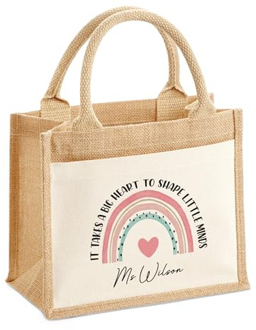 Personalised Teacher Bag with Custom Name, Hessian Jute Teacher Tote Bag, End Of Term Gift Thank You Gift for Teachers Assistants, TAs & Nursery Staff, Teacher Stuff Bag Present