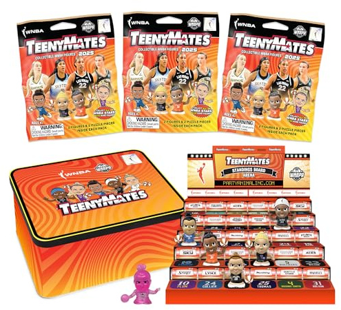 TeenyMates WNBA Basketball Action Figures Gift Set, 2025 Licensed Collector’s Tin and 3 TeenyMates Packs (6 Figures Total)