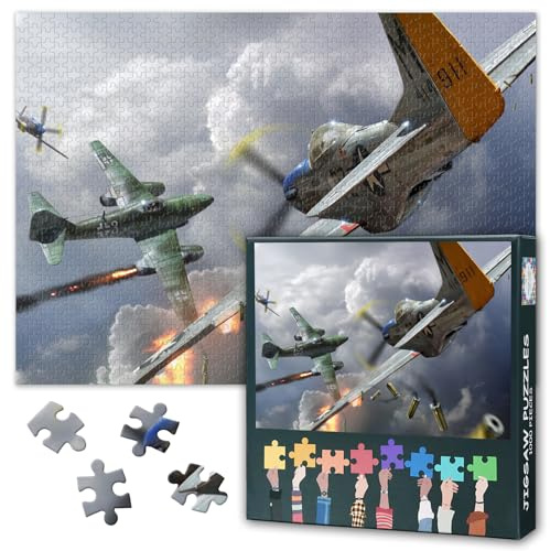 1000 Teile Puzzle für Erwachsene P51 Mustang im Luftkampf WWII Kampfflugzeug Militär Kunst Deko Geschenk 27,5 x 19,7 Zoll