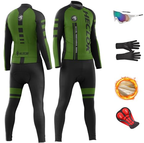 HECLOK Winter Radkleidung Herren: mit Thermo-Fleece Winddichtem Langarmtrikot & Bibshorts mit Gel-Polster | Für Rennrad & MTB+ Glasses + Gloves