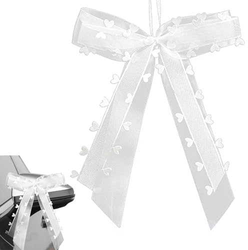 60STK Antennenschleifen Hochzeit, 25x12cm Hochzeitsschleifen mit Herzen | PUYUKO Hochzeitsauto Schleifen, Hochzeitsschmuck Stühle, Satinschleifen für Blumen, Party und Geburtstag, Weiß