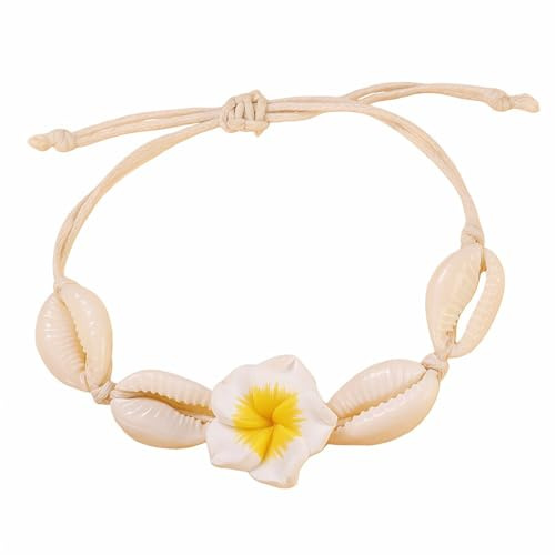 SREFGAS Bracelet de cheville en coquillage blanc pour homme et femme - Fleurs de frangipanier bohème - Bracelet de cheville - Bijou de plage - 1 pièce