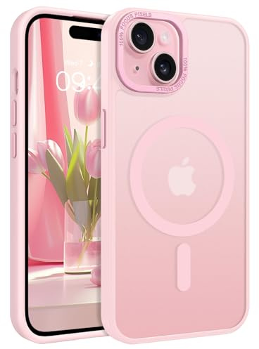 Telaso Coque Magnétique pour iPhone 15, 6,1 Pouces, Compatible avec MagSafe, Etui Translucide Mat Arrière Housse Fine Antichoc Case, Coque pour iphone 15, Rose