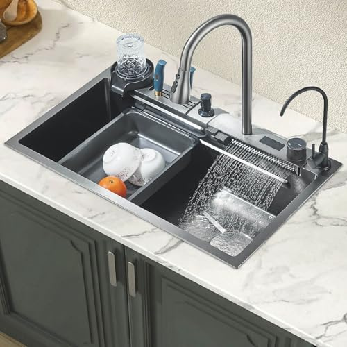 Hevenaov Black Stainless Steel Kitchen Sink Set 750x460mm, Digital Temperature Display Faucet with 2 Buttons, Matte Black Soap Dispenser, Cup Washer, Undermount Knife Holder, Drain Basket & Plastic C
