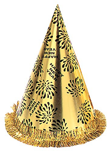 Widmann 7972A - Partyhut Happy New Year Gold, 1 Stück, Schwarz/Gold, ca. 28 cm, englischer Text und Feuerwerk, Frohes neues Jahr, Papp Hut, Silvester, Neujahr