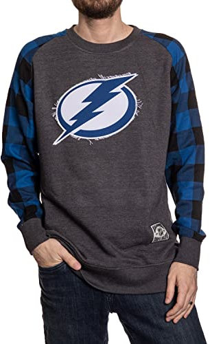 Calhoun NHL Surf & Skate Herren Buffalo Plaid Raglan mit aufgenähtem ausgefranstem Aufnäher, Tampa Bay Lightning, XX-Large