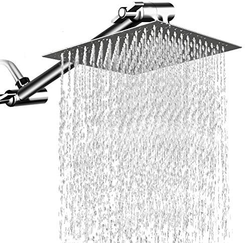 12'' Square Rain Showerhead with 11'' Adjustable Extension Arm, Large Stainless Steel High Pressure Shower Head,Ultra Thin Rainfall Bath Shower with Silicone Nozzle Easy to Clean and Install