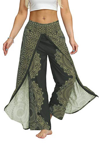 Plustrong Damen Palazzo-Hose mit weitem Bein und Schlitz, lässig, Boho, Hippie, Strand, Pilates, Workout, Yogahose, Green Mandala 015, S/M
