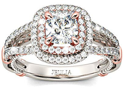 Jeulia Damen Doppel Halo Ringe Sterling Silber Kissenschliff Roségold Ringe Schmuck für Verlobungsring Trauring Ehering HochzeitsBand (60 (19.1))