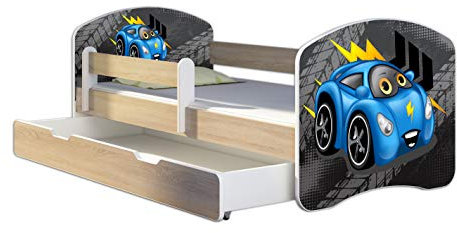 Kinderbett Jugendbett mit einer Schublade und Matratze Sonoma mit Rausfallschutz Lattenrost ACMA II 140x70 160x80 180x80 (04 Blaue Auto, 180x80 + Bettkasten)