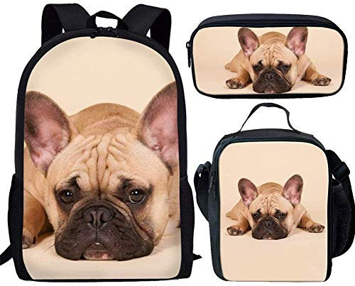 SEANATIVE Student College Rucksack für Kinder Schulranzen-Set mit Thermo-Lunchbox, Federmappe, 3-teiliges Set Pink Französische Bulldogge Einheitsgröße