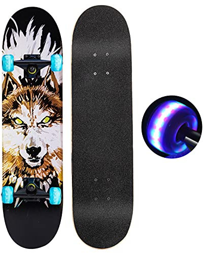HSGAV 31 Komplette Skateboards für Anfänger, Double Kick Concave Skateboards mit PU-Blinkrad, 7 Layer Maple Wooden Skateboard für Mädchen Jungen Kinder Teen Erwachsene,Wolf