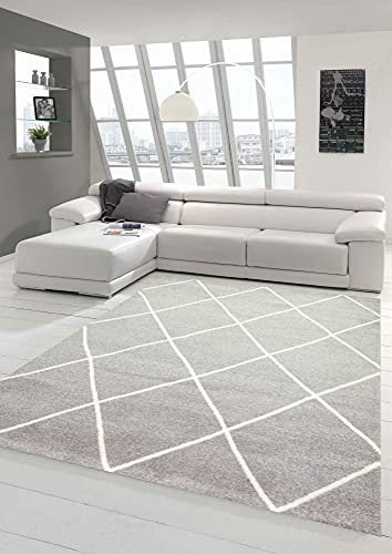 Teppich-Traum Skandinavischer Stil Wohnzimmerteppich Rautenmuster - pflegeleicht - grau Creme weiß Größe 140x200 cm