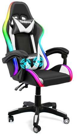 Todeco Gaming Sedia Massaggio con Luci A LED PC Sedia Racing da Gioco Ufficio Ergonomica con poggiatesta e cuscino lombare Massaggio Girevole a 360 °Schienale e Altezza Regolabile, bianco