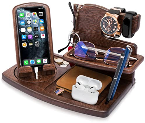 Teslyar Gifts for Men Wood Rotating Phone Docking Station Key Holder Wallet Stand Watch Organizer Men Gift Husband Wife Anniversary for Dad Birthday Nightstand Male Idea Gadgets Ash (Brown)