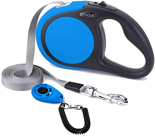 CFMOUR Retractable Dog Lead, 5m/50kg Blue Heavy-Duty Extendable Dog Leads for Medium to Large Dogs; Strong Nylon Tape Ribbon Leash, One-Button Brake&Lock, Bonus Training Clicker