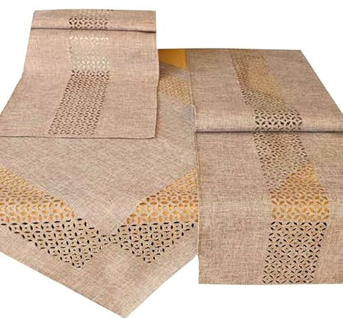 Raebel OHG Tischdecke Mitteldecke Tischläufer Kissenhülle braun meliert mit dekorativer Lochstanzung Durchbrochene Ornamente (40 x 90 cm, Hellbraun), 79