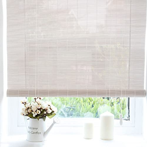 Tenda in Bamboo Bianca,Tende a Rullo in Bambù Retrò,Naturale Tenda a Pacchetto,Opaco Veneziana per Finestre,Porte e Balconi,Tapparella Carrucola Avvolgibile per Esterno/Interno (W95xH140cm/37x55in)