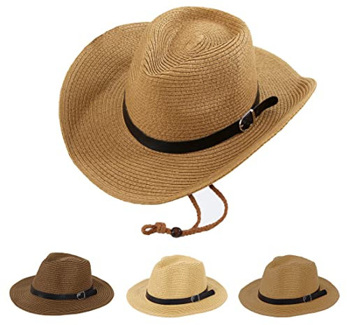 Natural Straw Cowboy Hat, Western Cowboy Cowgirl Floppy Sun Hats with Wide Brim, Vintage Style Unisex Fedora Panama Hat Beach Cap for Men Women (Khaki)