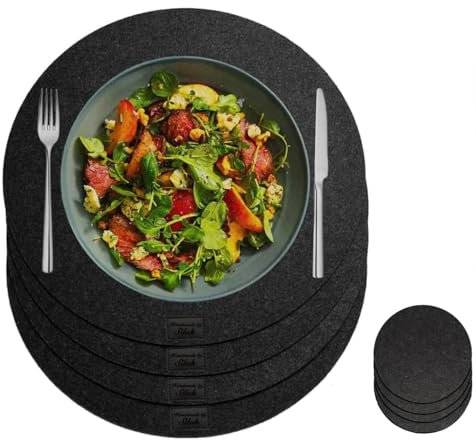 4-Teiliges Set aus Filz Tischuntersetzer Platzset Tischläufer, Platzdeckchen abwaschbar Filzmatte (Rund + 4 Tassenuntersetzer, Schwarz)