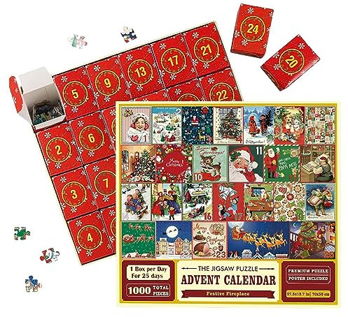 Fovolat Puzzle-Adventskalender 2023, 1000 Teile Weihnachtspuzzles, 24 Tage Überraschungs-Weihnachts-Countdown-Kalender, Familienspiel-Puzzle Kinder Erwachsene