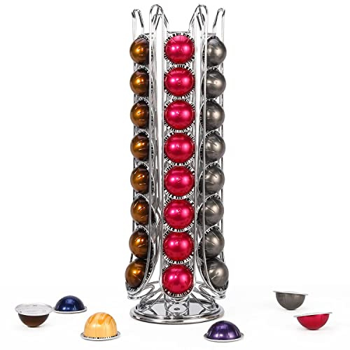 Vinsani Rotating Coffee Capsule Holder for Nespresso Vertuo, Holds 48 Pods | Durable Metal Coffee Pod Organizer Stand, Large Capacity, Non-Slip Surface Rack for Vertuoline Coffee Capsules - Chrome