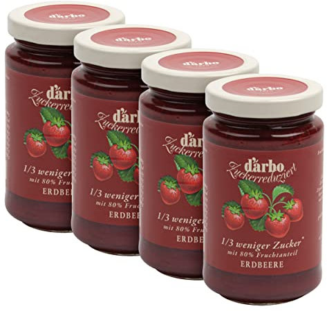 Food-United FRUCHTAUFSTRICH ZUCKERREDUZIERT Erdbeere 4x 250g Glas von DARBO 1-3 weniger Zucker fruit spread mit 80% Fruchtanteil passend für Frühstück Gebäck Erdbeerkuchen Füllungen Kuchen (4)
