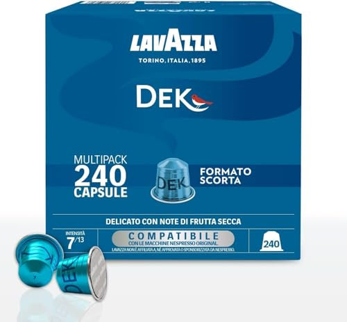 Lavazza, Espresso Dek, 240 Capsule di Caffè in Alluminio Compatibili con Macchine Nespresso* Original, Note di Frutta Secca e Cioccolato, Arabica e Robusta, Intensità 7/13, Tostatura Media, 8 Pack