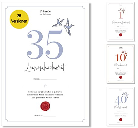 Frank Paperman® Geschenk zum 35. Hochzeitstag – Urkunde mit ansprechender Optik im DIN-A4-Format B: 21 cm H: 29,7 cm – mit abgestimmtem Design auf das Jahr und Bezeichnung des Jubiläums