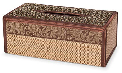 Kitama Kosmetiktücherbox Taschentuchbox aus natürlichem Bast mit Elefantenmuster - Tuchspender Tissuebox für Taschentücher Kosmetiktücher - Made in Thailand (Braun/Gold)