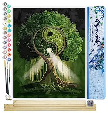 Figured'Art Malen Nach Zahlen Erwachsene Mit Rahmen Yin und Yang Baum - Paint by Numbers Basteln DIY Bastelset 40x50cm Mit Keilrahmen (nicht gespannt)