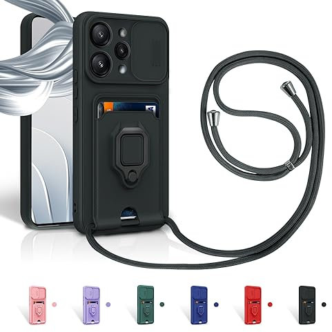 Aithne Case für Xiaomi Redmi 12 Handykette Hüll,Slide kameraschutz,Silikon Handyhülle zum Umhängen Kette,360 Grad Ringhalter Stand Kartenfach-Schwarz